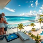 Relaxed pair in light resort clothing on a balcony rail, watching calm turquoise waves and sunlit pools at a contemporary beachfront hotel