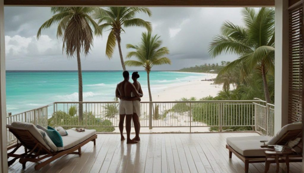 Relaxed couple in resort robes on a spacious balcony, watching gentle surf roll onto a quiet Caribbean beach as storm clouds form offshore