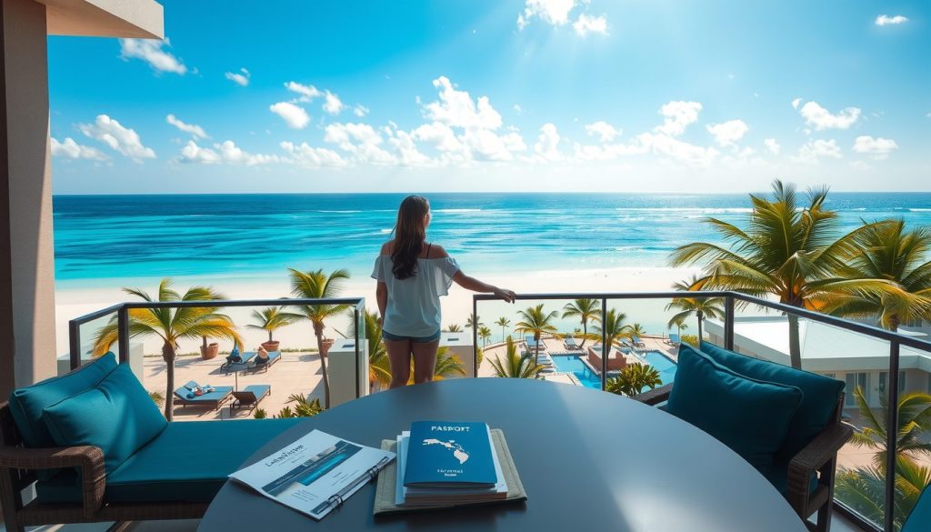 Balcony view of a woman facing a calm blue sea and bright sky, foreground table holding a passport folder and printed travel plans