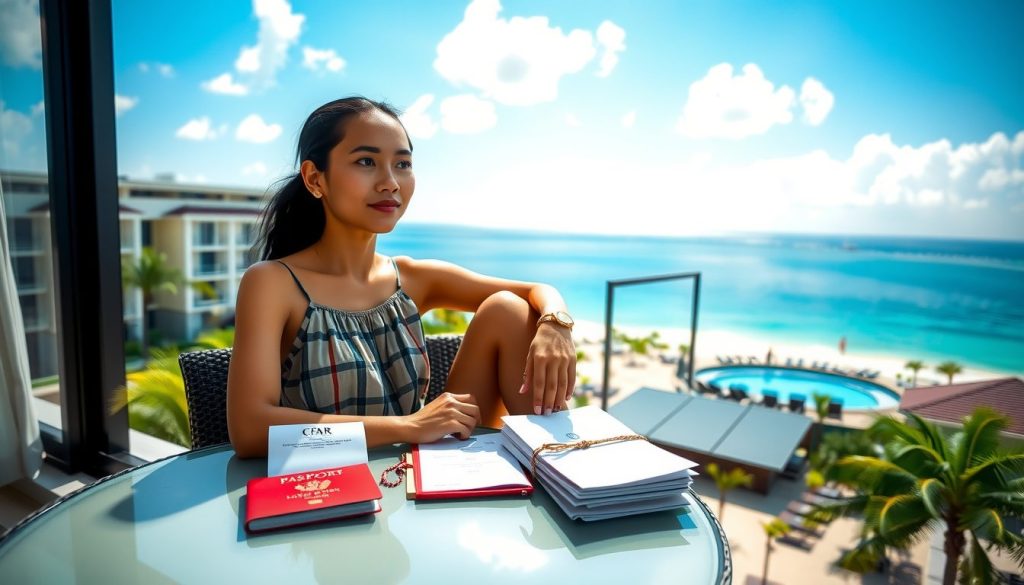 Sunlit Caribbean balcony where a traveler quietly reviews travel papers beside a phone with a booking app, gazing out at a white-sand beach and peaceful pool