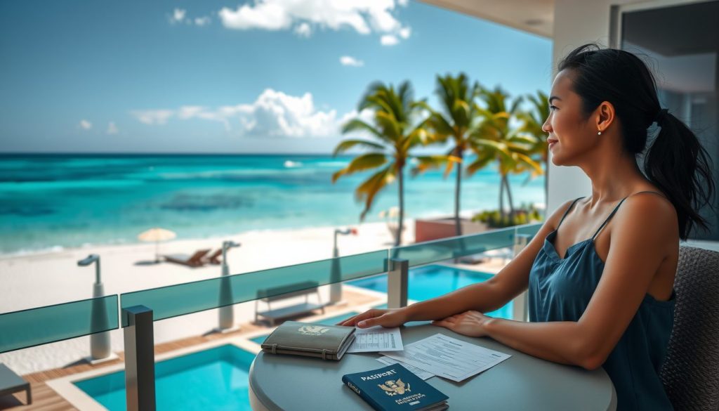 August afternoon at a Caribbean resort showing a traveler at a balcony table, trip paperwork and a flexible-plans style screen nearby, overlooking a serene palm-fringed shoreline