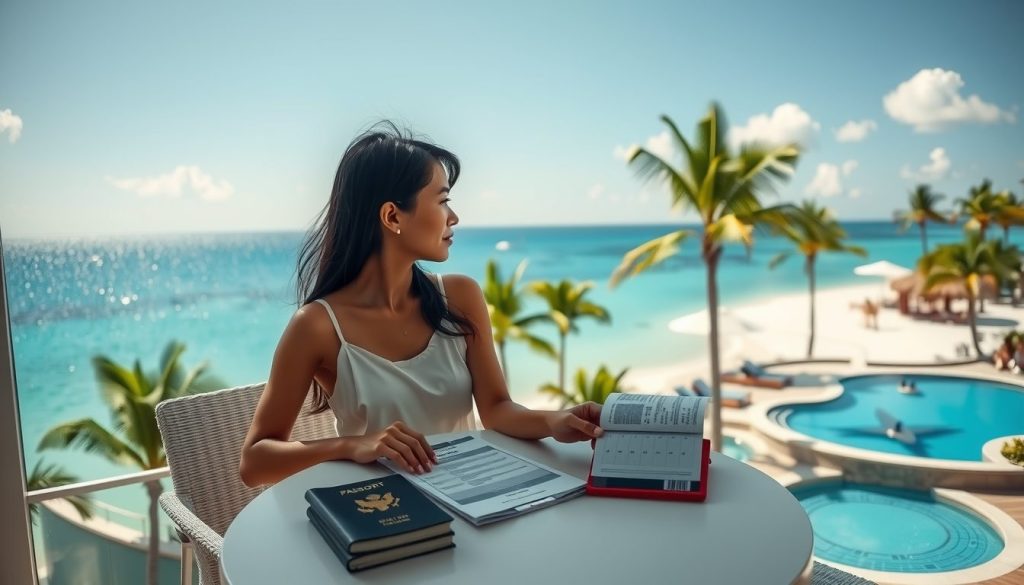 Organized travel moment at a Caribbean hotel balcony, where a guest looks out at the ocean while passport, resort paperwork, and a calendar-like screen sit in front of them