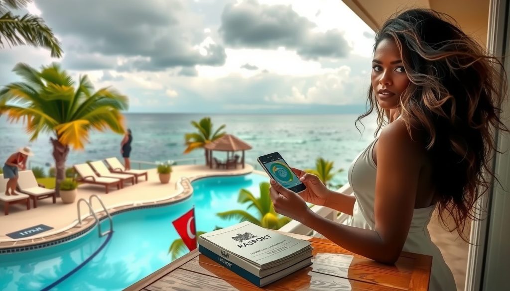 Guest checks a colorful storm graphic on her phone, passports stacked beside her, overlooking a Caribbean pool and gazebo