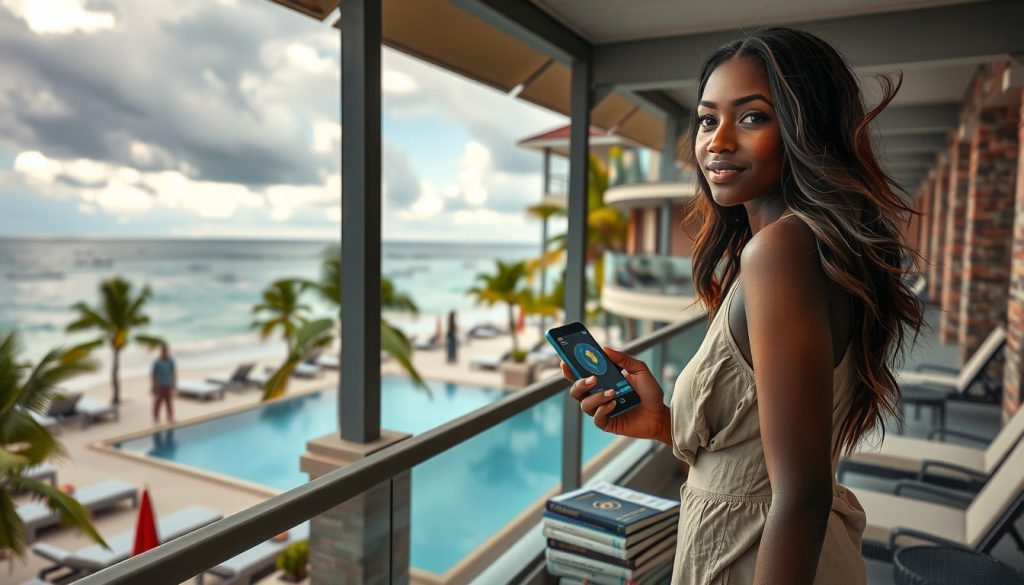 Woman on an upper-level balcony at a tropical resort, checking her phone while clouds gather over the ocean