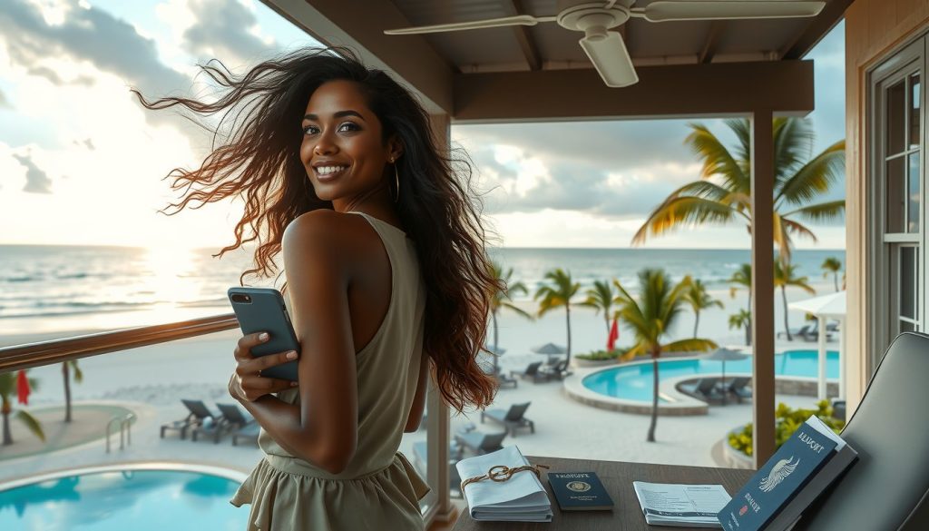Young woman stands at the railing of an oceanfront balcony, windblown hair and turquoise pool area below