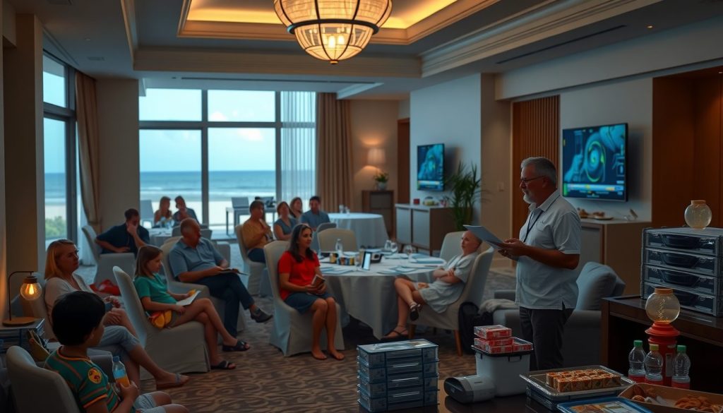 Guests seated in chairs while a staff member explains storm procedures, bottled water and supplies stacked in the foreground.