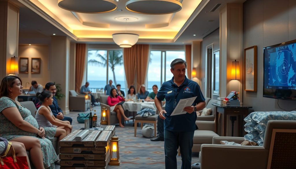 Resort safety meeting where adults and children review printed guides as a staff member speaks near a hurricane map