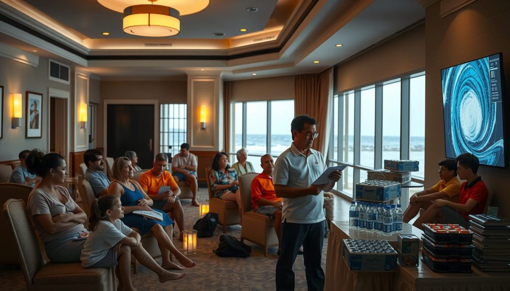 Group of vacationers gathered in a conference room while a resort representative reviews hurricane plans on screen.