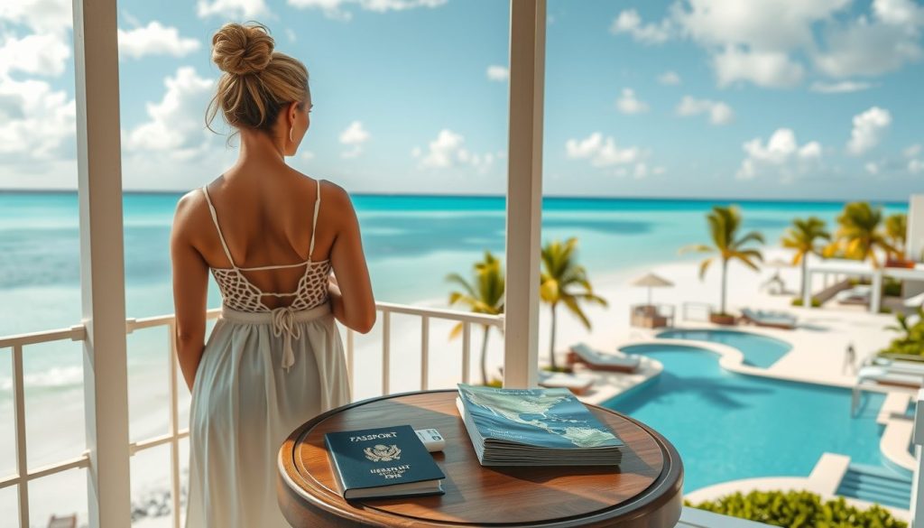 Resort balcony scene with a woman facing the ocean, passport and itinerary beside a tablet showing a subtle island map