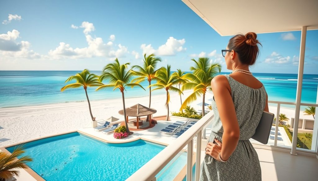 Guest in a sundress holding a tablet, gazing at turquoise ocean and palm-fringed resort pool