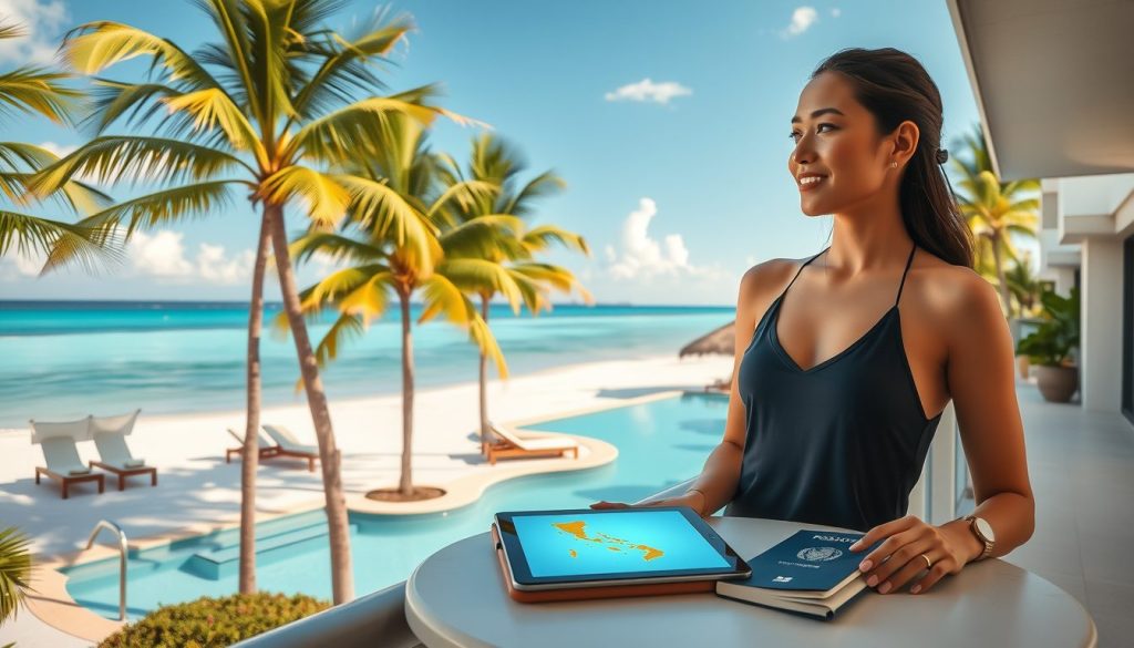Guest in sunglasses studies a tablet risk map beside a passport, palm trees and bright blue ocean behind her