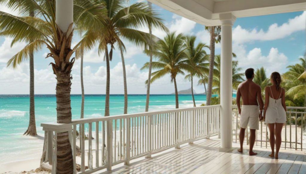Romantic Caribbean scene with a couple on a beachfront balcony, white sand and blue ocean stretching beyond the palms