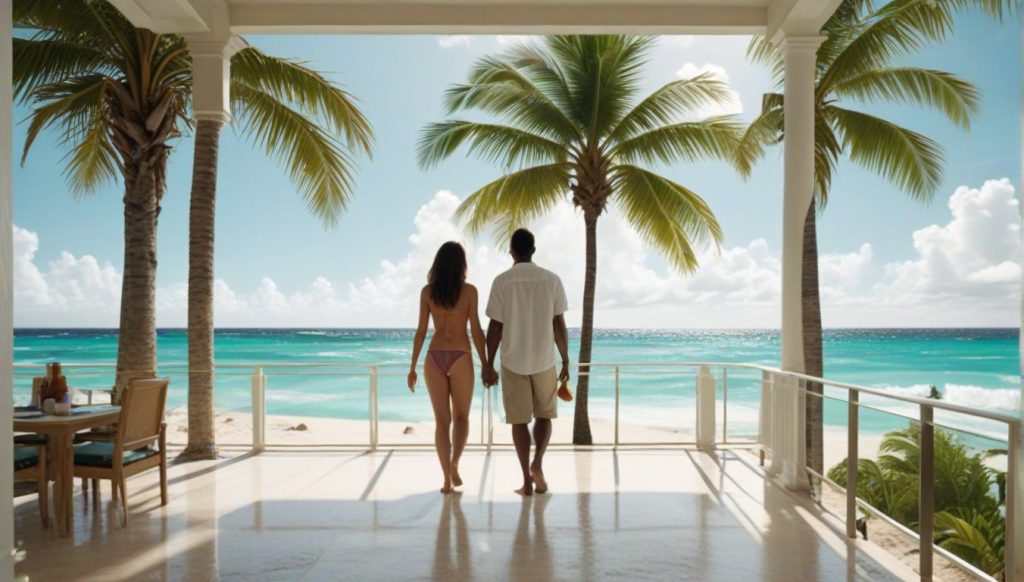 Peaceful tropical moment as a couple leaves the veranda for the white-sand beach and blue horizon
