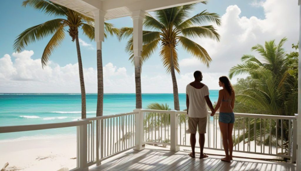 Two people stand together on a white veranda, facing a calm blue sea framed by tall palms