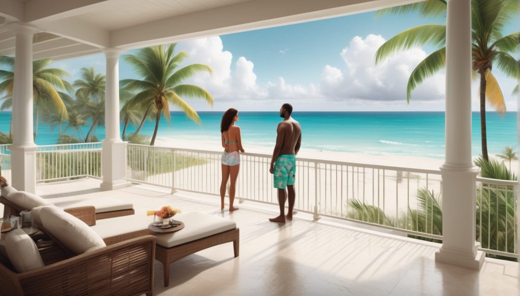 Couple standing on a covered balcony, looking out at a calm turquoise Caribbean beach lined with palm trees