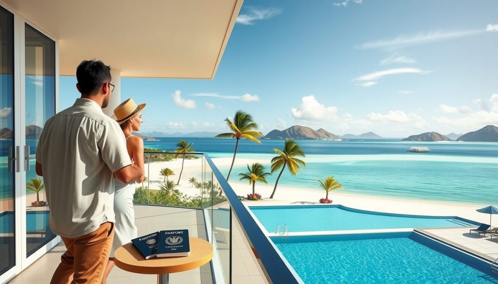 Man and woman in resort wear enjoy a panoramic Caribbean view above a pool deck, passports ready beside them