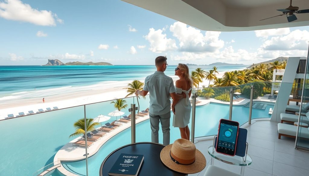 Man and woman in light resort wear stand at a glass railing above a calm beach and sweeping blue bay