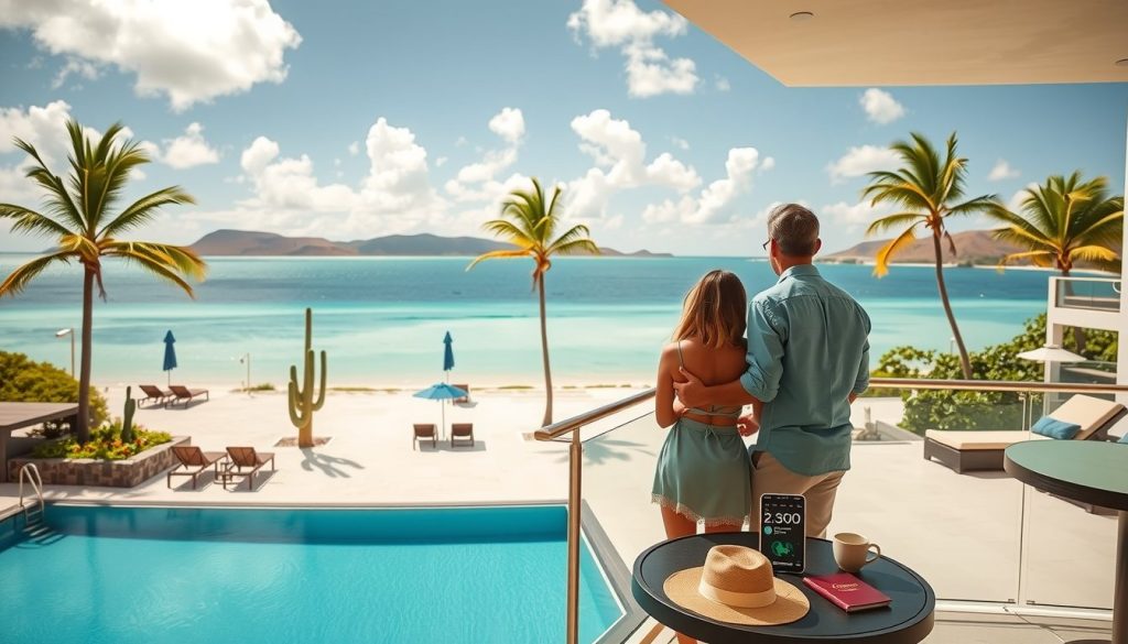 Man with his arm around a woman, standing at a glass railing above an infinity pool and calm Caribbean water
