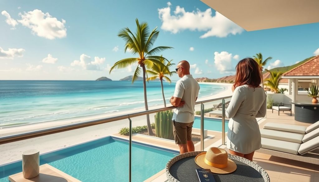 Man and woman in light resort clothing stand at a glass railing above a pool, facing the Caribbean Sea