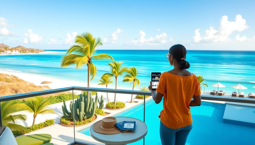 Woman in glasses enjoys a sunny Caribbean ocean view from a balcony, with lounge chairs, umbrellas, and travel documents arranged on a small table