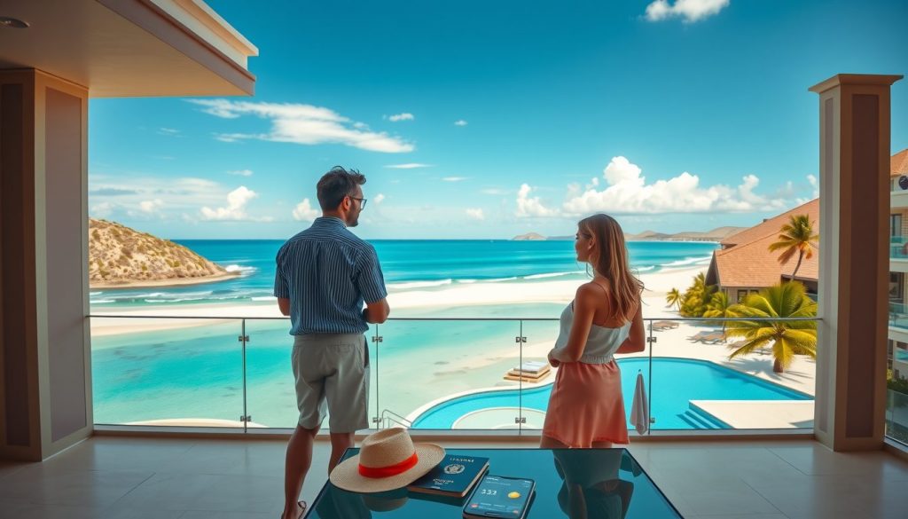 Wide balcony view of a sheltered Caribbean bay, infinity pool, and palm trees with two guests standing side by side
