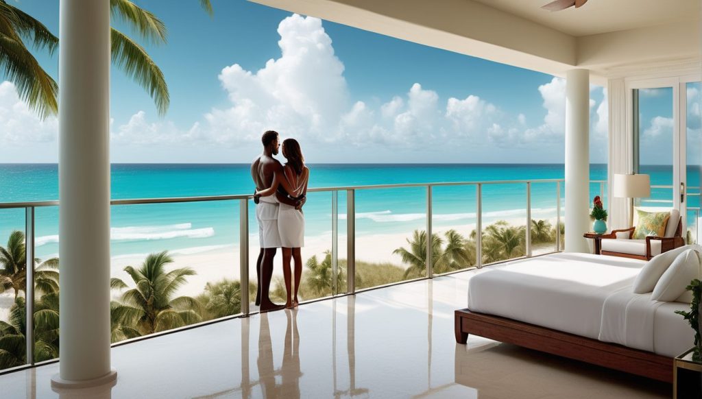Spacious oceanview room with white bed, tropical decor, and couple enjoying beach panorama