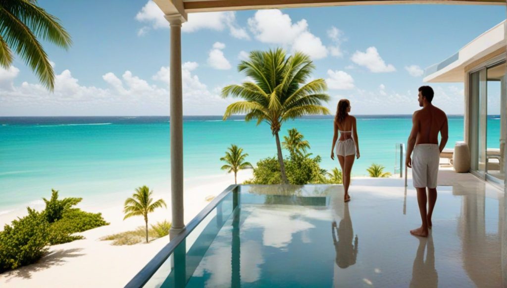 Romantic beachfront suite balcony where two guests walk beside a glassy infinity pool