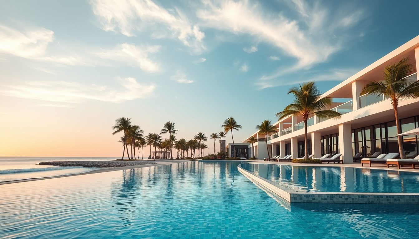 High end ultra sharp photograph of a luxury beachfront resort at sunrise infinity pool