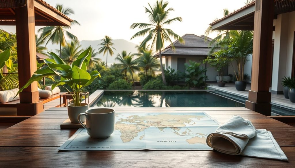 Bali region planning map on a luxury resort table with tropical greenery