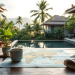 Bali region planning map on a luxury resort table with tropical greenery