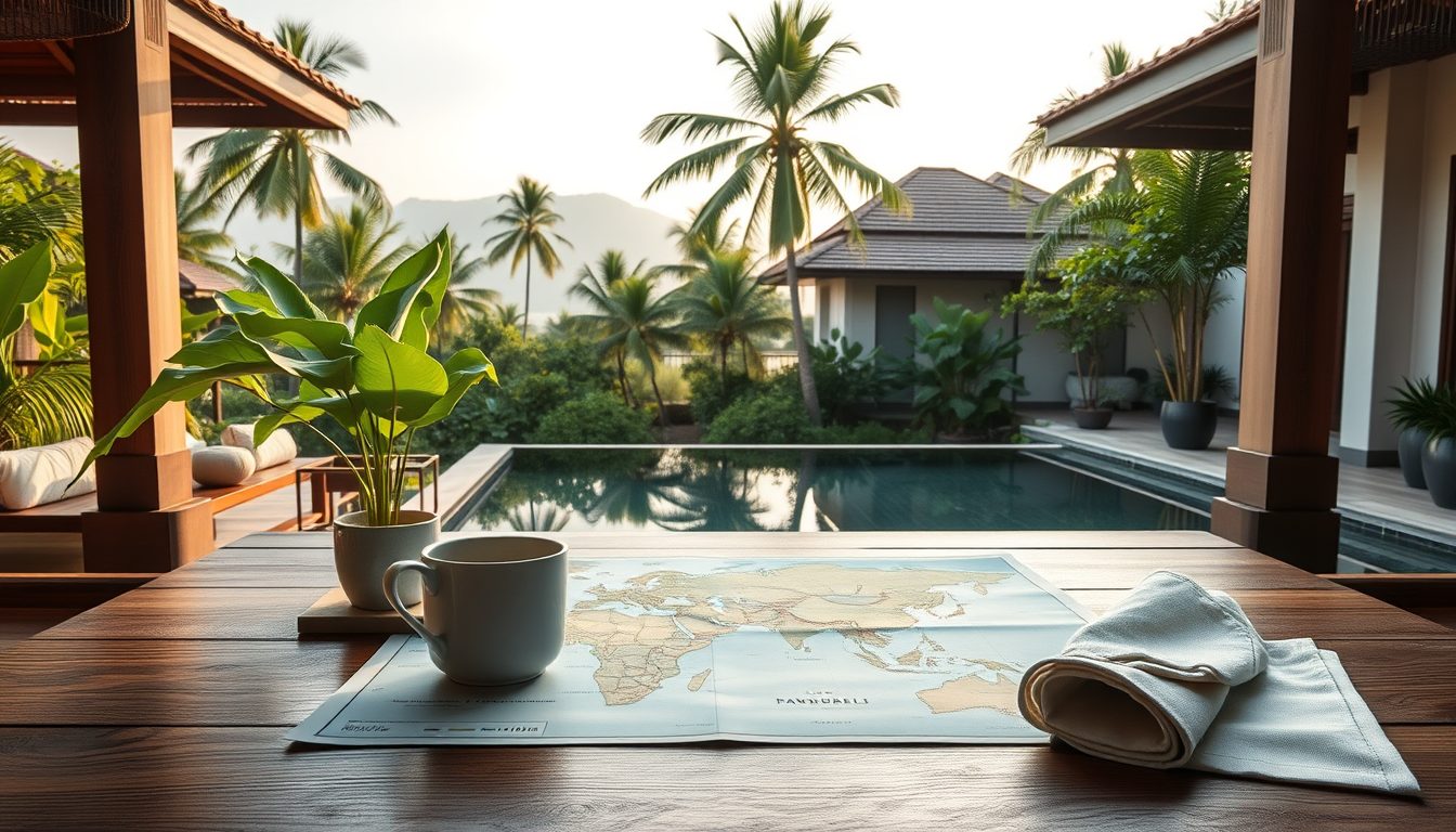 Bali region planning map on a luxury resort table with tropical greenery