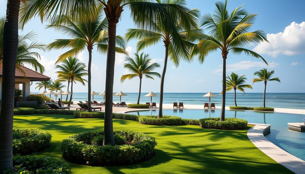 Nusa Dua luxury resort pool and beachfront landscaping in Bali