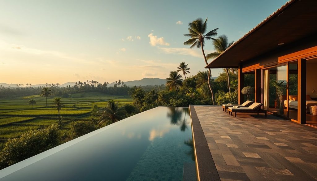 Ubud jungle villa terrace with private pool and rice field views