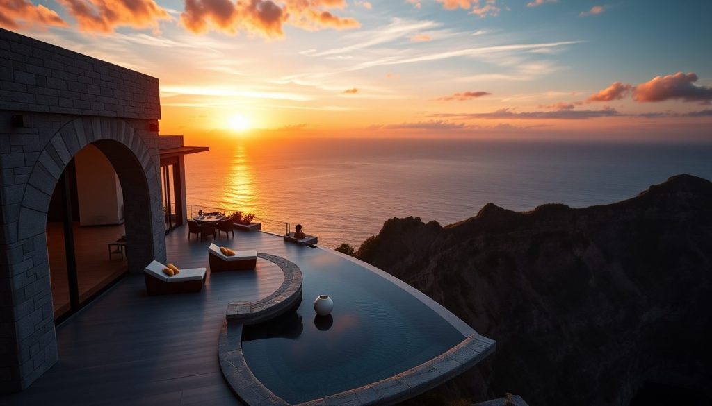 Uluwatu clifftop villa terrace overlooking the ocean at sunset