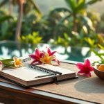 Luxury Bali itinerary planning scene with spa details and tropical villa setting