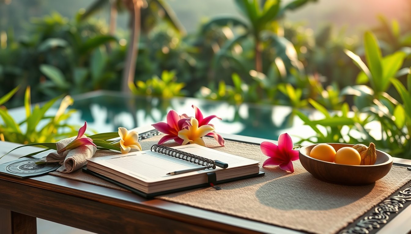 Luxury Bali itinerary planning scene with spa details and tropical villa setting