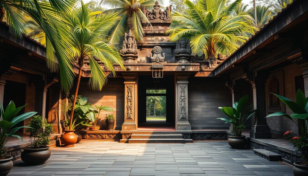 Bali temple courtyard with traditional stone architecture and tropical greenery