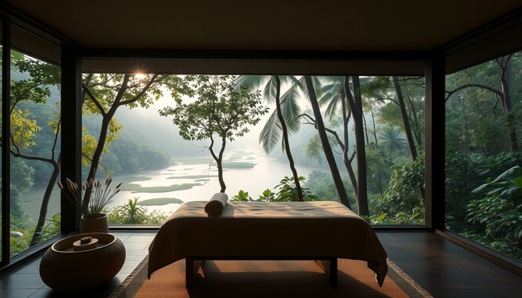 Jungle spa treatment room in Bali overlooking tropical forest and river scenery