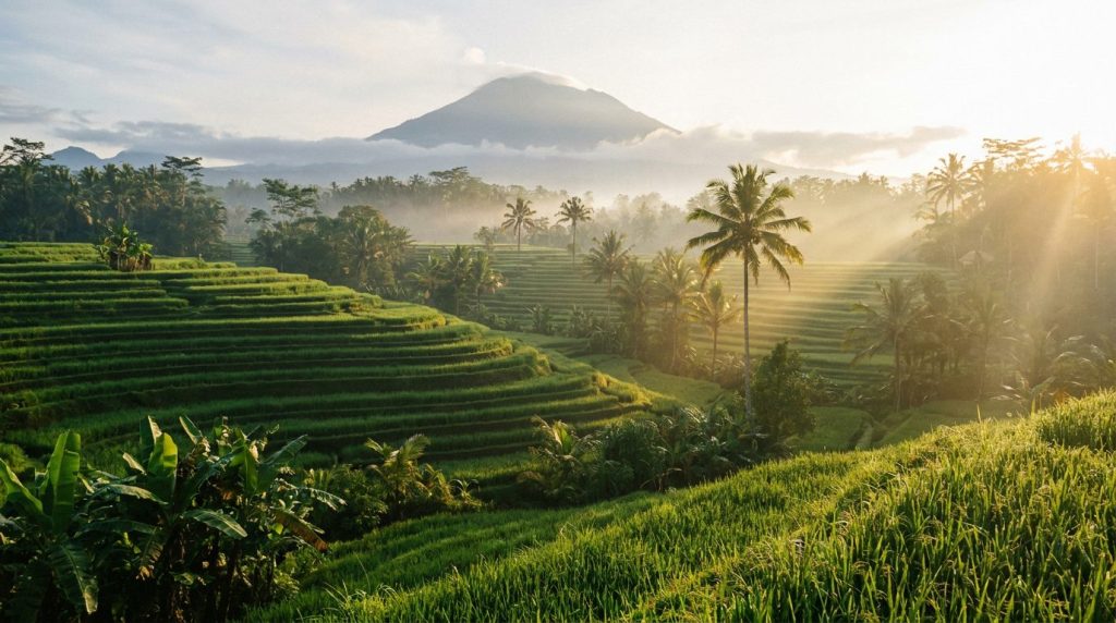 Bali rice terraces in morning light with distant volcano views