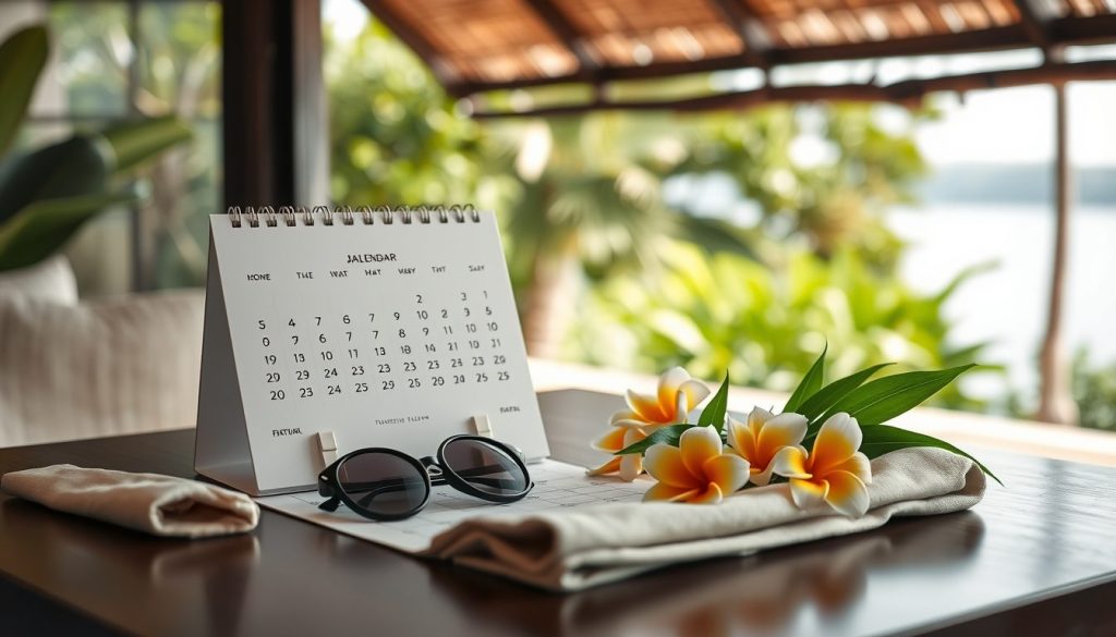 Bali seasonal travel planning scene on a luxury villa terrace