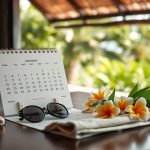 Bali seasonal travel planning scene on a luxury villa terrace