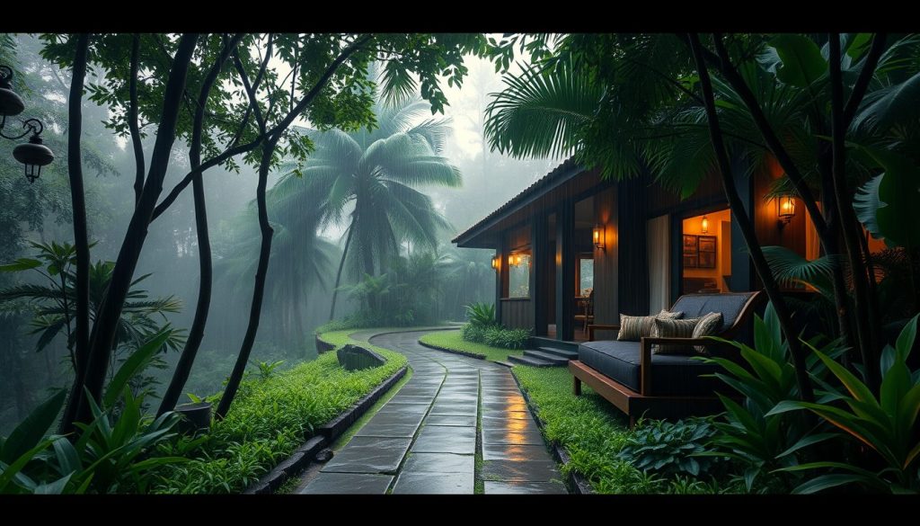 Ubud jungle villa after tropical rain with lush greenery and mist