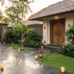 Luxury Bali resort entrance with tropical landscaping and discreet security
