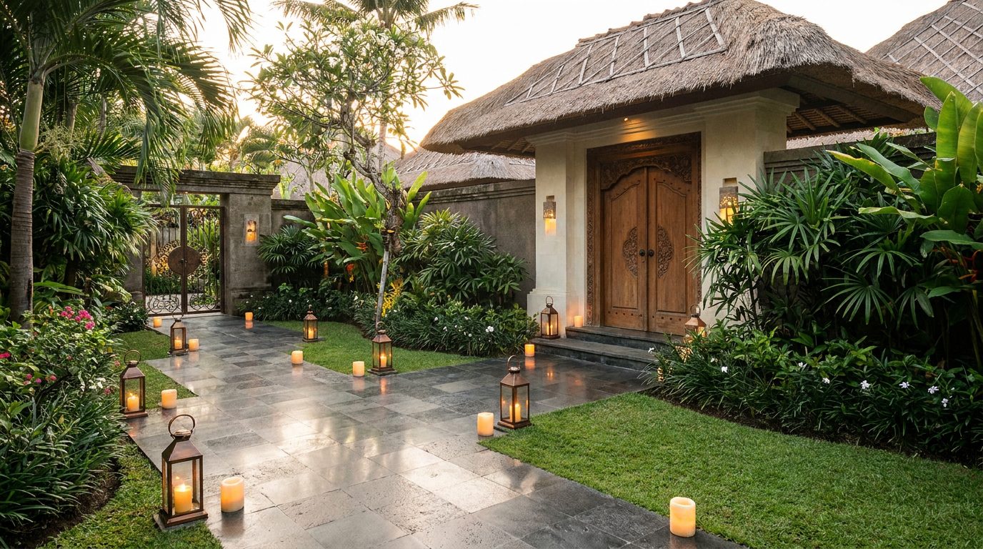 Luxury Bali resort entrance with tropical landscaping and discreet security