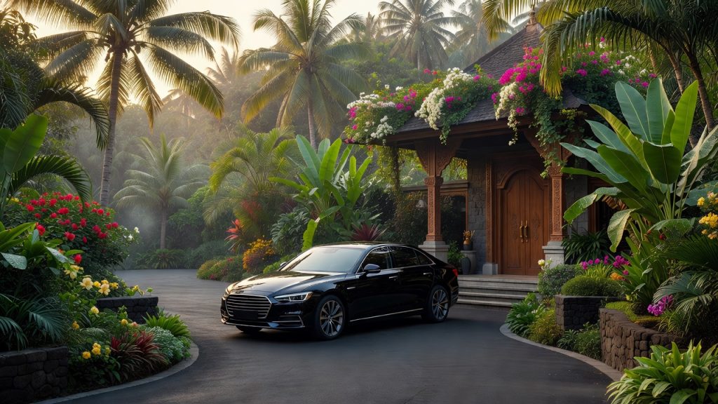 Private driver vehicle waiting outside an upscale Bali resort entrance