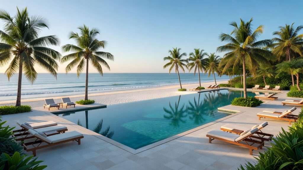 Bali resort pool and beach area arranged for a comfortable luxury stay
