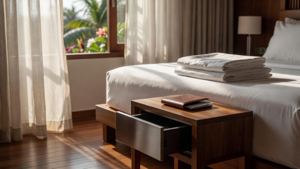 Bali villa travel preparation scene with passport wallet and in-room safe