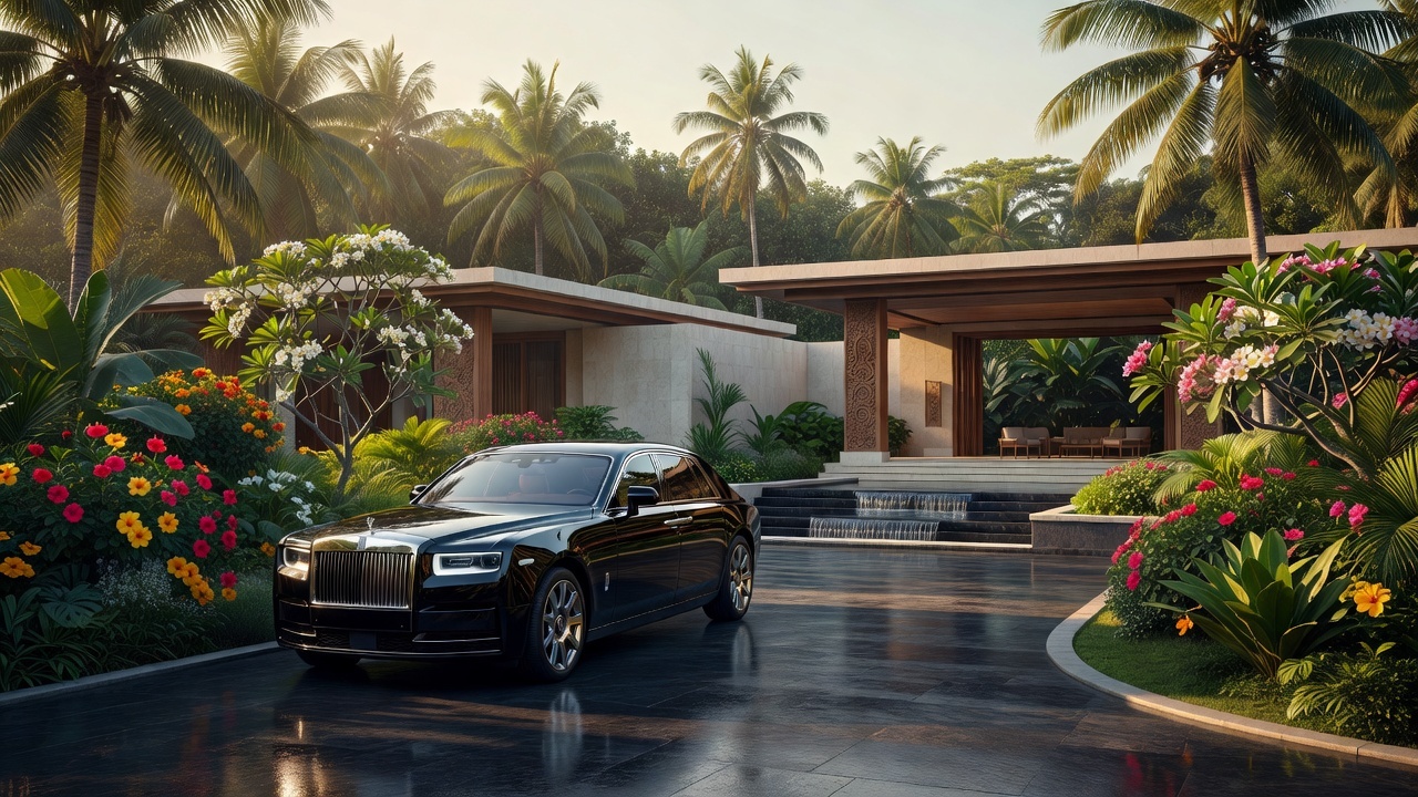 Private driver vehicle waiting outside a luxury Bali resort entrance
