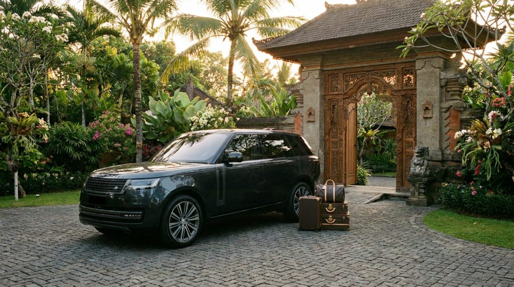 Bali airport transfer vehicle beside a tropical private villa gate