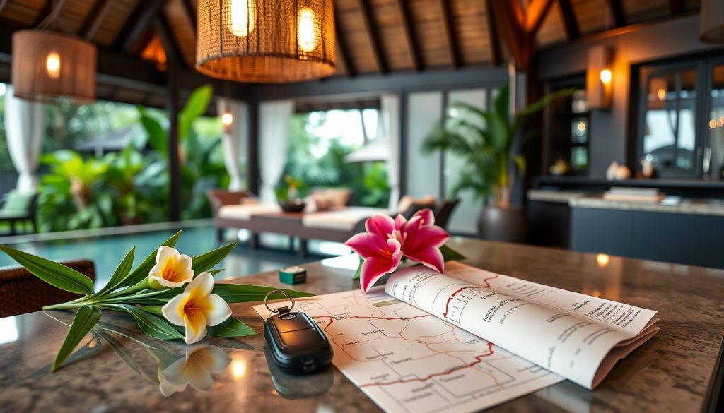 Bali resort concierge transportation planning scene with itinerary details
